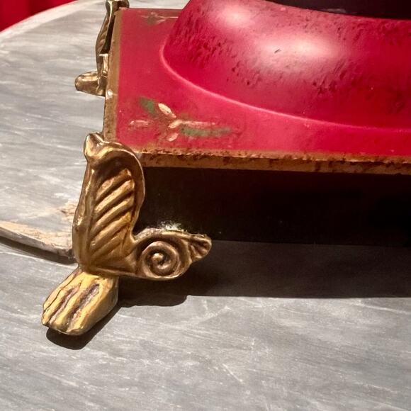 Red Tole Metal Urn-Oriental Accents-Brass Lion Head Handles-Vintage-Chestnut-Lid - Picture 4 of 10
